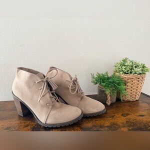 Taupe Suede Lace-Up Ankle Booties | Stacked Heel | Size 9